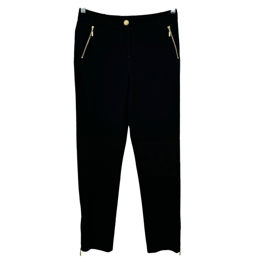St‎ John Black Moto Pants 2 Zipper Hems Gold High Waist Trouser Work Career